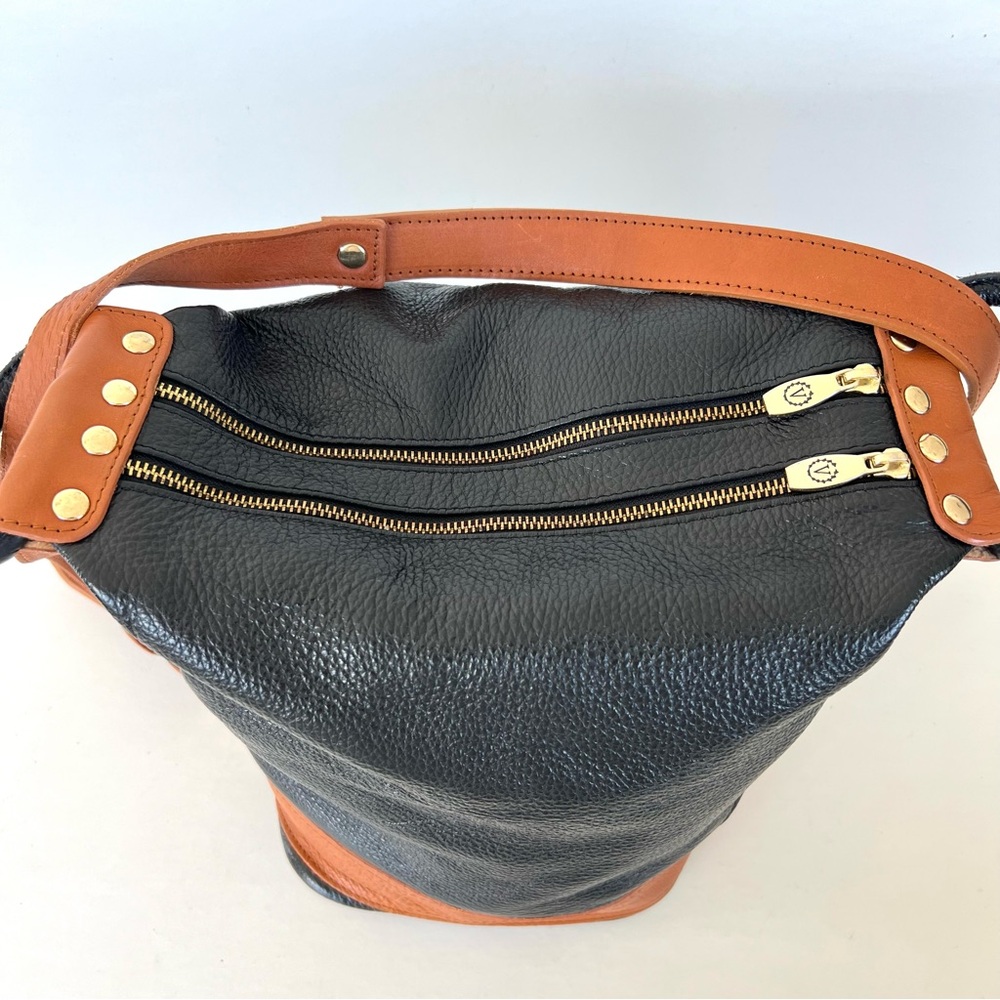 VALENTINA Carrano Black Tan Pebbled Leather Convertible Shoulder Sling Backpack - Picture 10 of 16